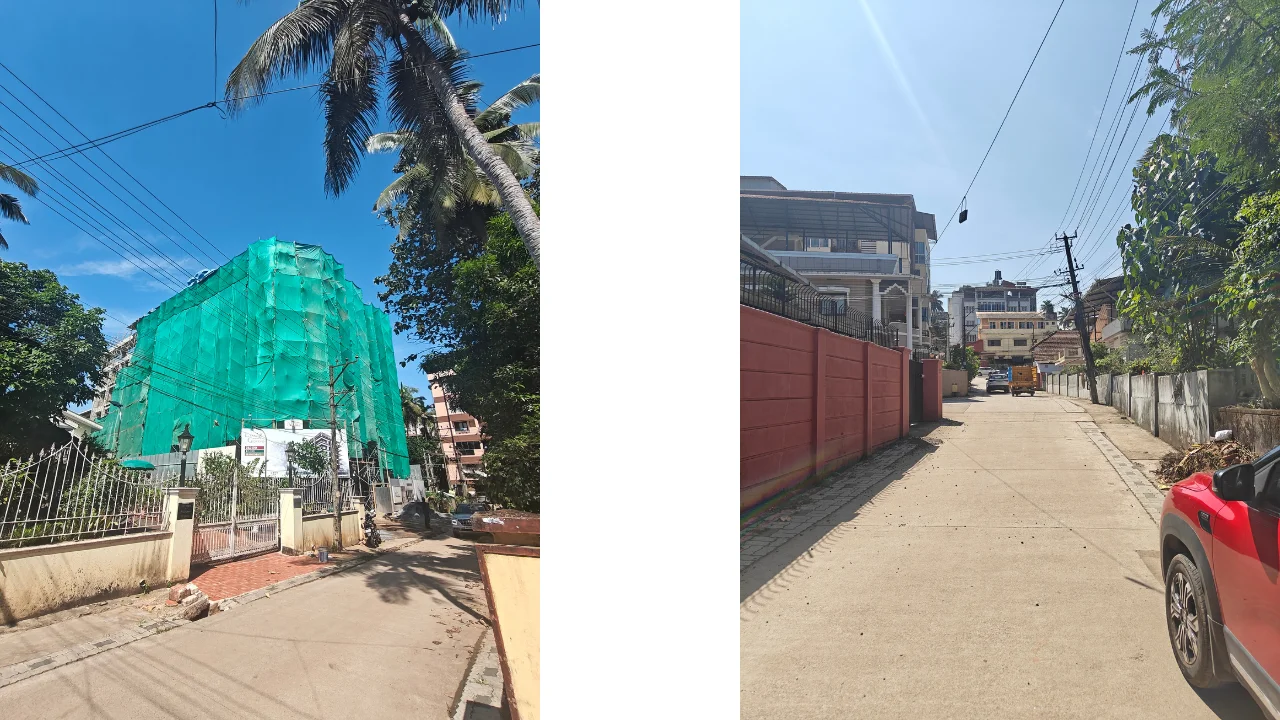 Real image of the road in front of Land Trades Laxmi Govind project showing access route and neighborhood