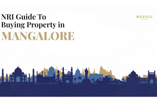 NRI Guide to Buying Property in Mangalore featured image with city skyline illustration and Rockwell Estates branding
