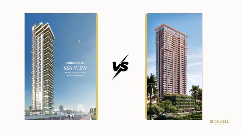 Rohan Sea View vs Mahalaxmi comparison featured image comparing luxury apartment projects in Mangalore including pricing, location, amenities, and investment value