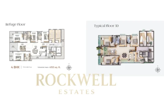 One Home Per Floor Rohan Sea View 4BHK Floor Plan featuring refuge floor layout and typical 3D design across 4153 sq ft luxury full-floor apartment configuration.