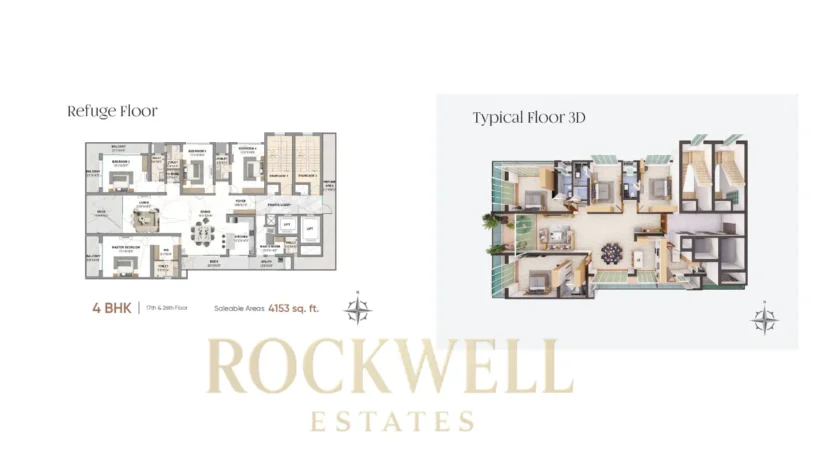 Rohan Sea View 4BHK Floor Plan showing refuge floor and typical 3D layout with 4153 sq ft design and one flat per floor.