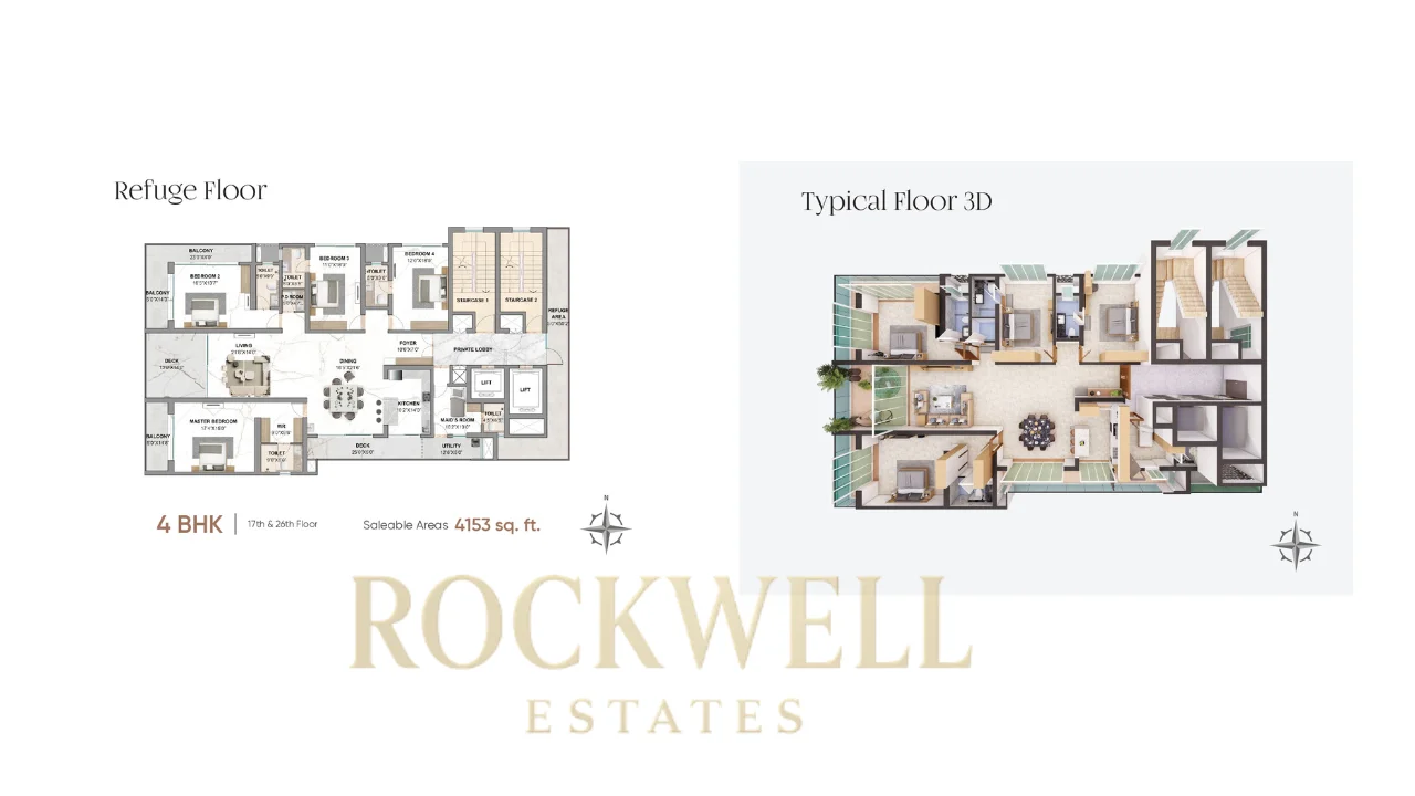 Rohan Sea View 4BHK Floor Plan showing refuge floor and typical 3D layout with 4153 sq ft design and one flat per floor.